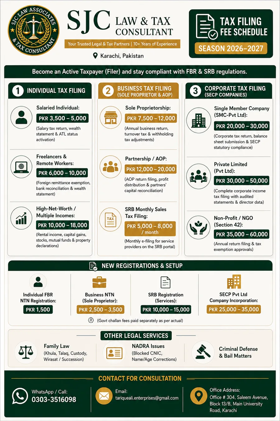 SJC Law Associates tax filing fee schedule 2026-2027 (English)